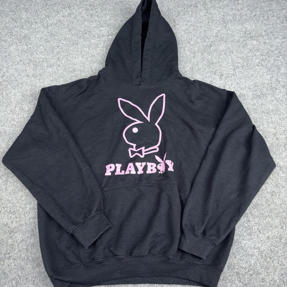 Playboy Hoodie Mens Medium Pullover Black Pink Bunny Logo Casual Y2K Spellout